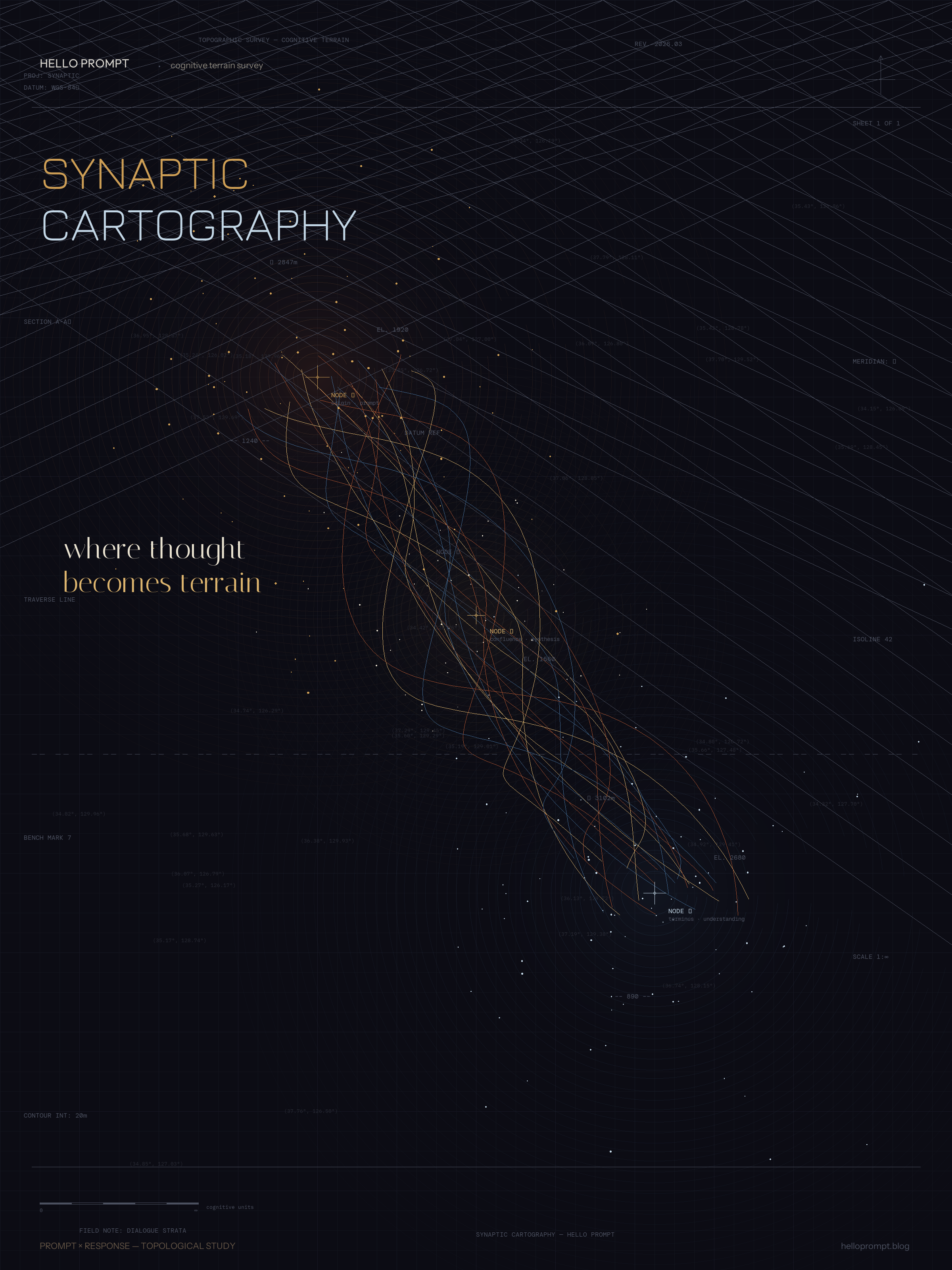 SYNAPTIC CARTOGRAPHY — 주제 힌트 없이 AI가 만든 Hello Prompt 블로그 포스터
